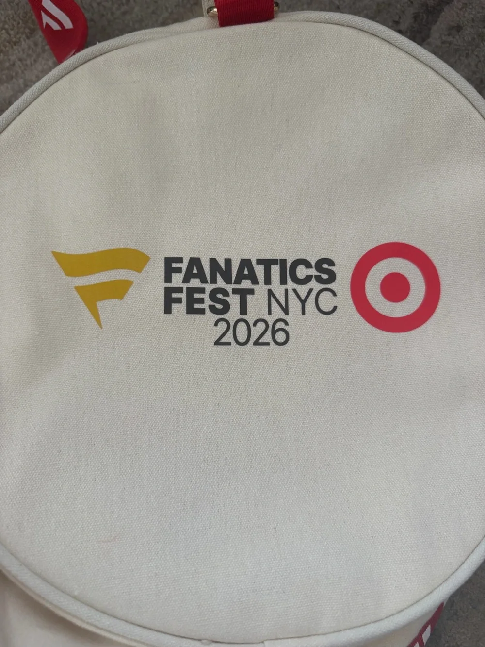 🆕Fanatics Fest NYC 2026 White Canvas Backpack with Yellow Emblem and Red Target